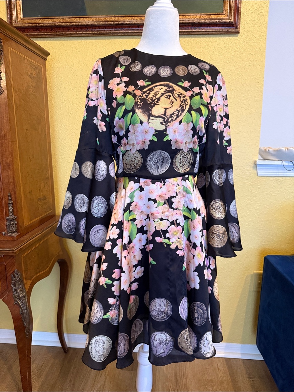 Black Floral Medallion Long-Sleeve Fit-and-Flare Dress